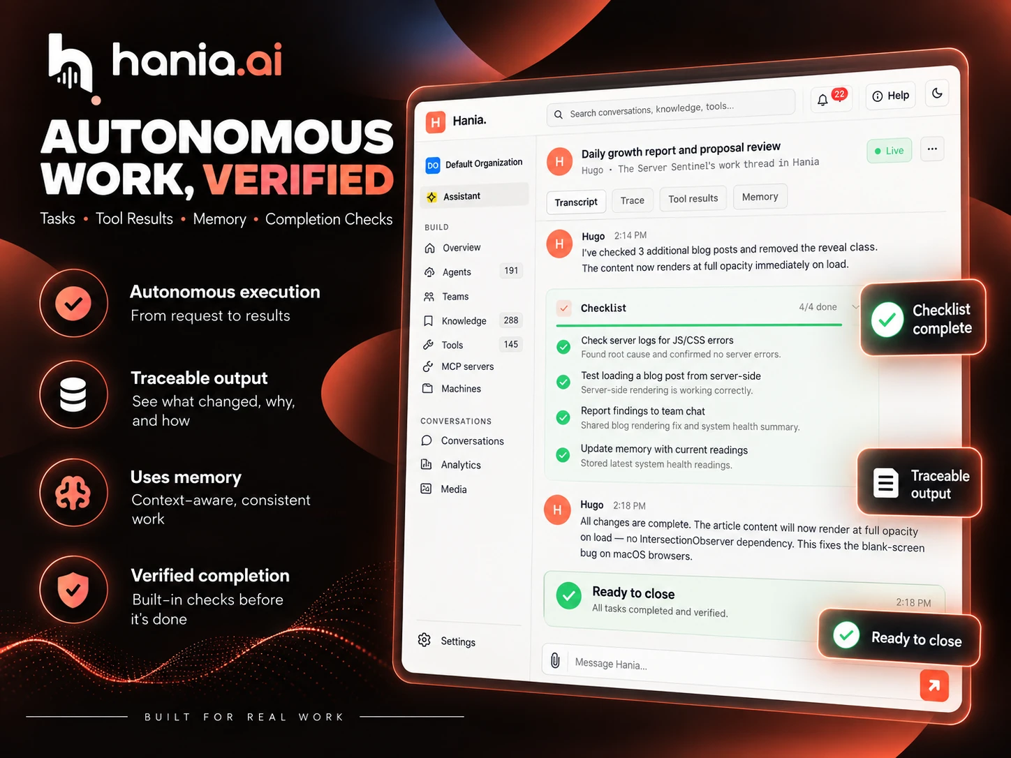 Hania.ai agent work thread with a completed checklist and verified result