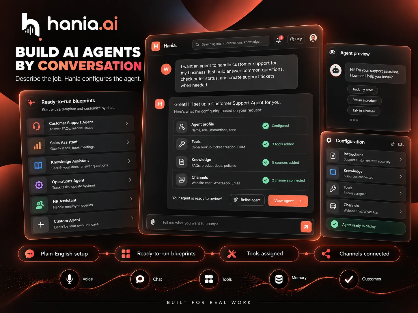 Hania.ai configuring a customer support agent from a plain English request