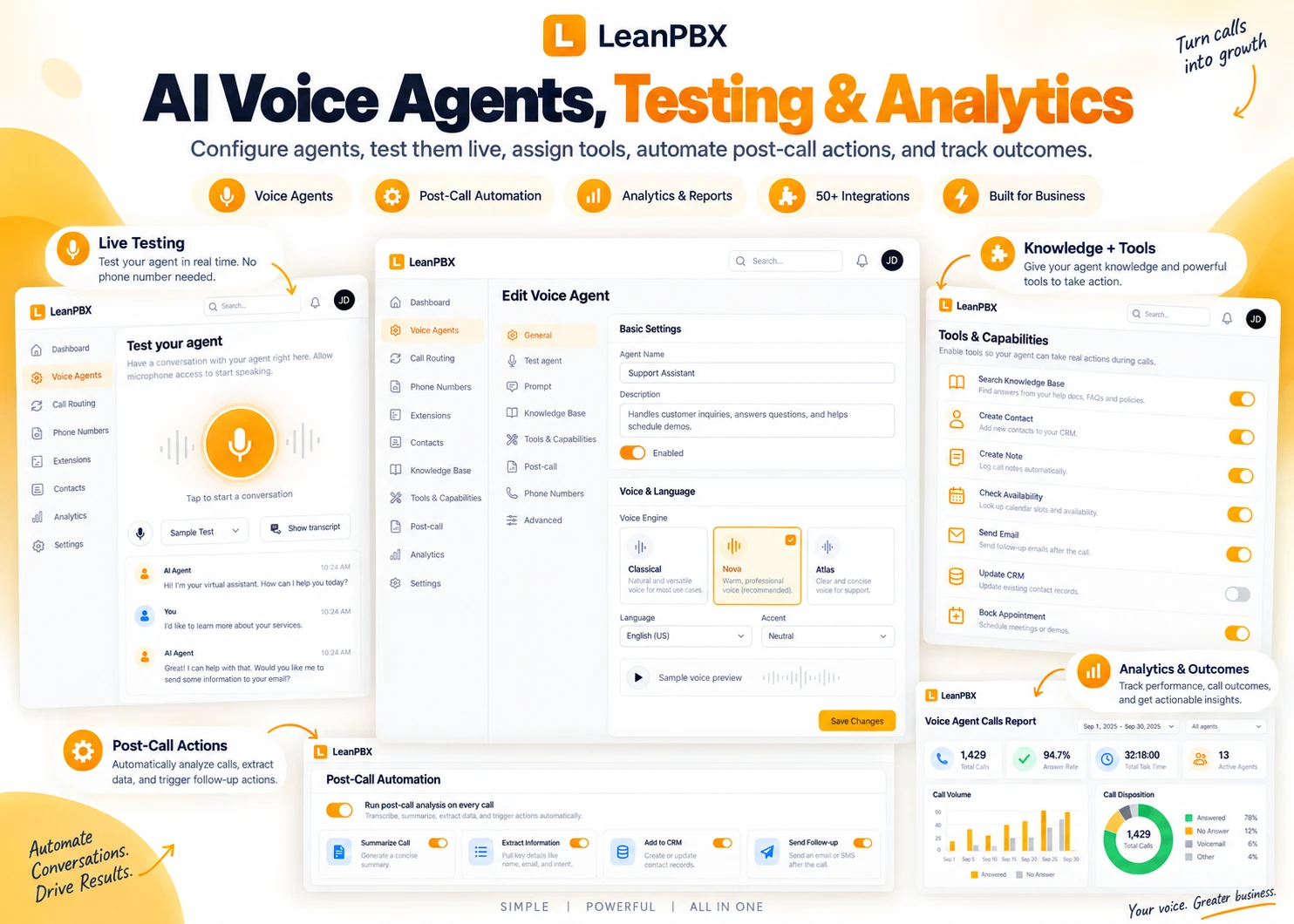LeanPBX voice agent editor, live testing, tools and call analytics