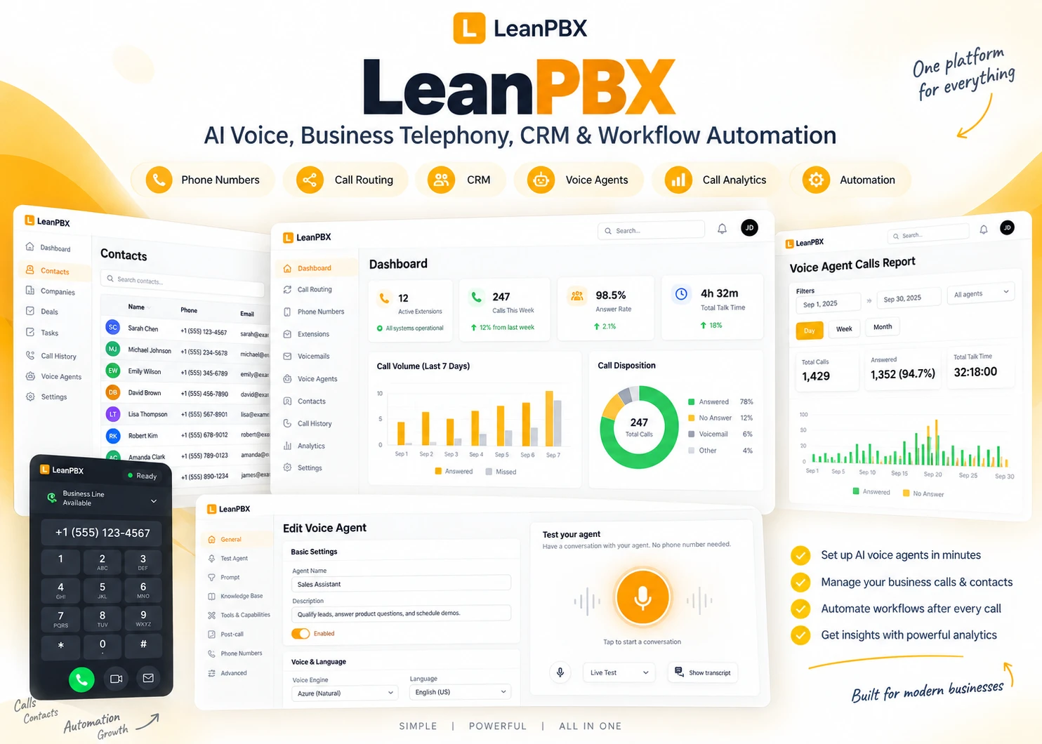 LeanPBX dashboard, contacts, browser phone and voice agent editor
