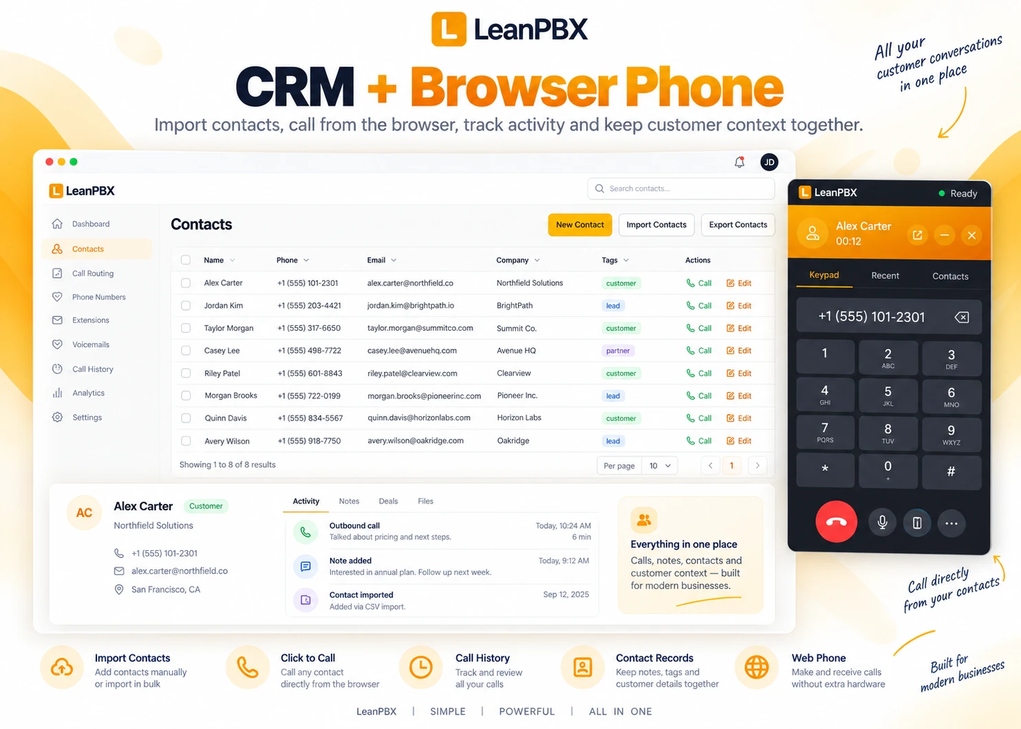 LeanPBX contacts CRM with a browser phone and activity history